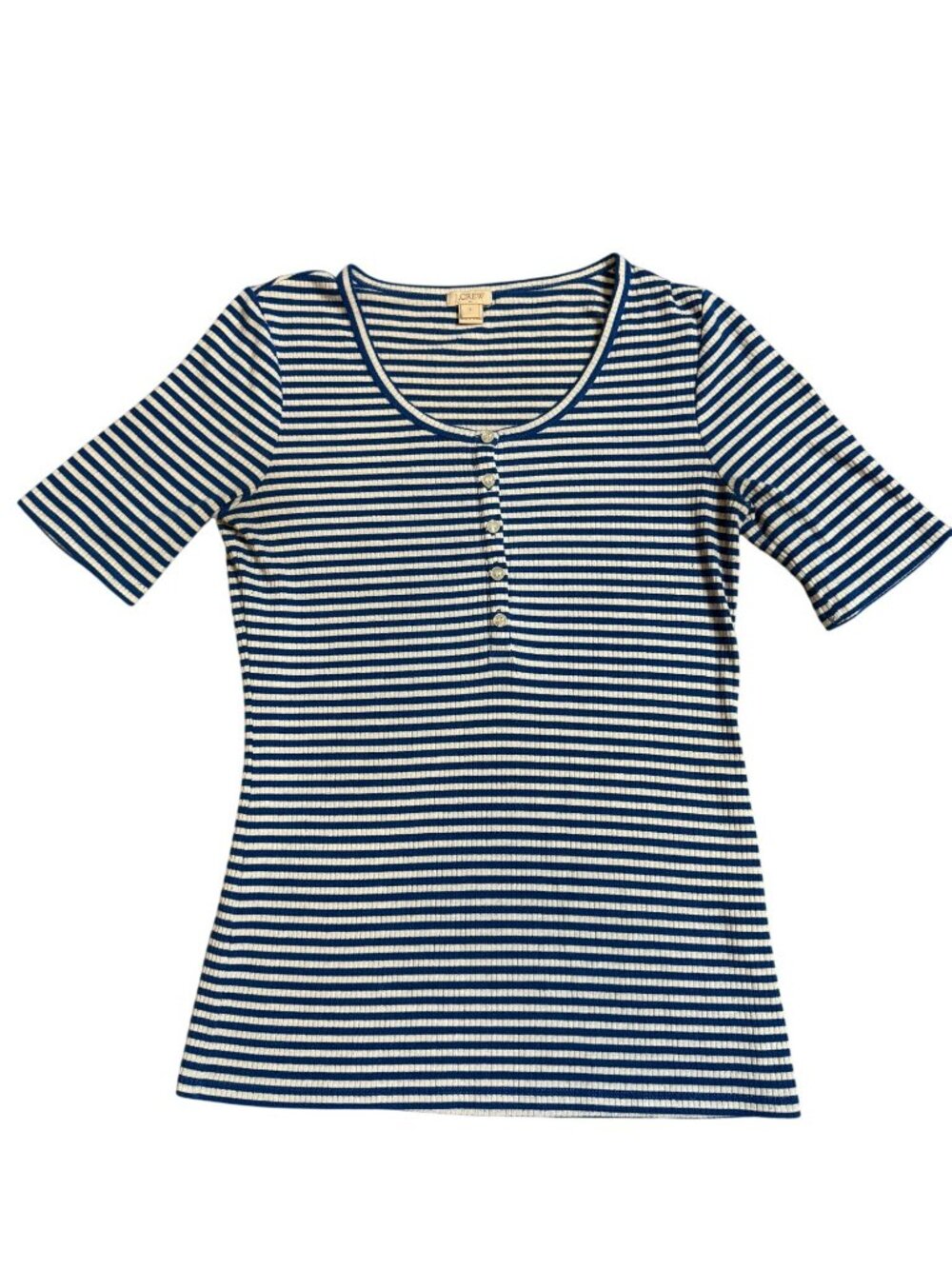 J.Crew Blue & White Striped Ribbed Scoop Neck Button Detail Short Sleeve Top